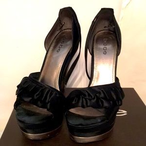 BeBe Black/Silver Satin heels/ Ava style name